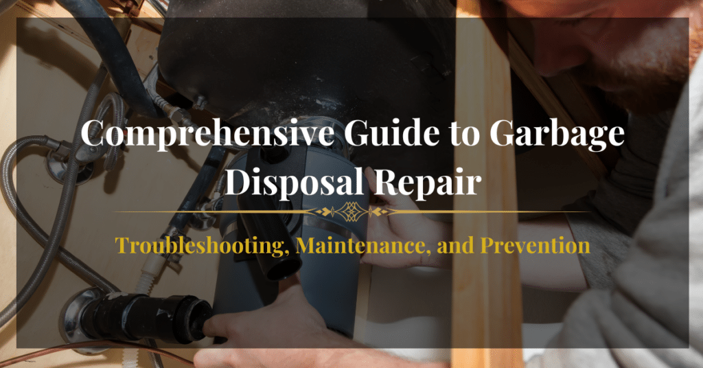 Kitchen sink with labeled parts of a garbage disposal unit, including troubleshooting tips for common problems