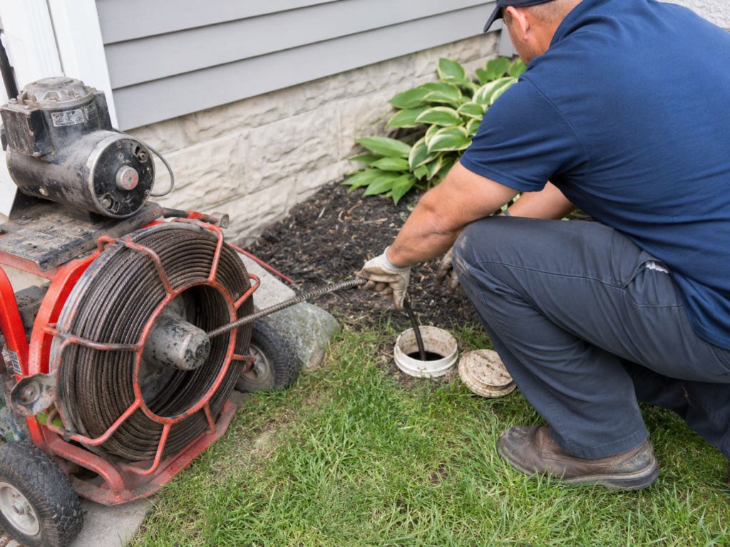 A plumber feeding a motorized drain snake cable into a residential cleanout access point