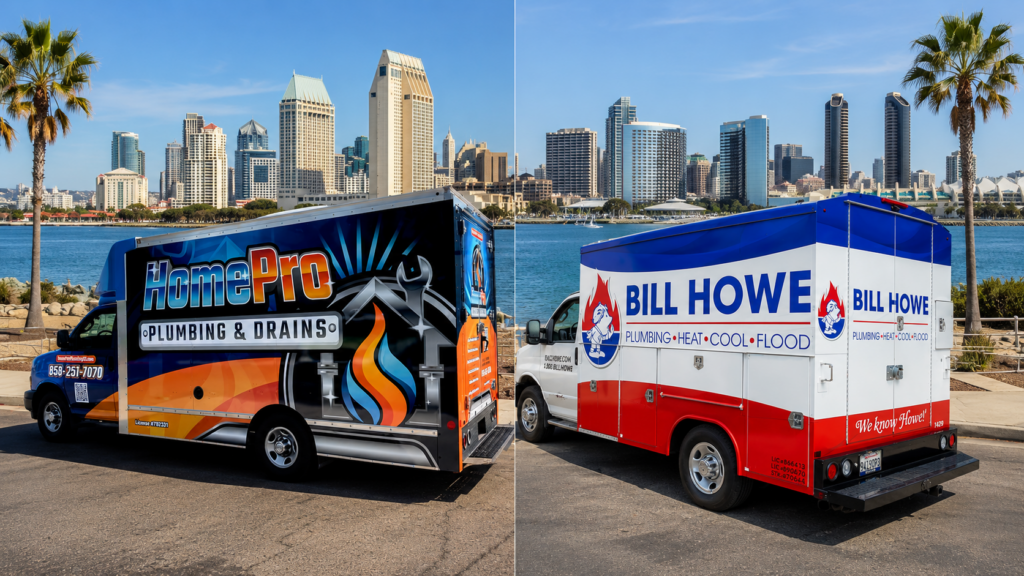 ▷☎️HomePro Plumbing: Best San Diego Plumbers (858) 251-7070 | HomePro Plumbing and Drains vs Bill Howe: Which Is the Best Emergency Plumber in San Diego for Your Home? Split-screen graphic showing a HomePro Plumbing and Drains service van on one side and a Bill Howe service van on the other, with a San Diego skyline and coastline in the background