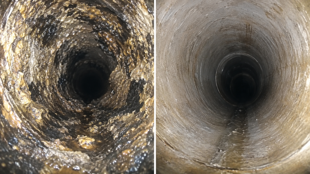 ▷☎️HomePro Plumbing: Best San Diego Plumbers (858) 251-7070 | Hydro Jetting Service in San Diego, CA Before-and-after sewer camera footage showing a grease-coated pipe interior transformed to clean bare pipe walls after hydro jetting