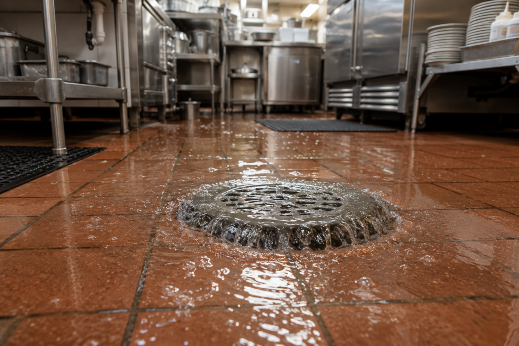 A close-up of an overflowing commercial floor drain with standing water in a restaurant kitchen, illustrating a plumbing emergency.