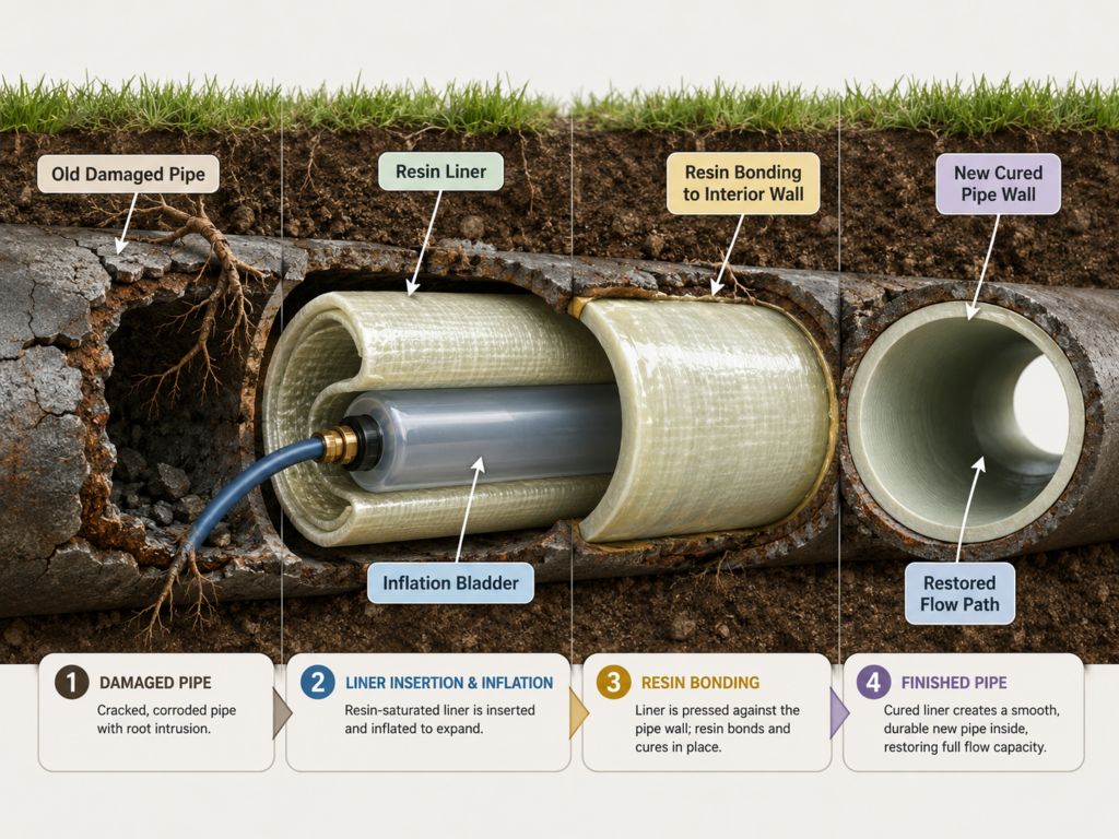 ▷☎️HomePro Plumbing: Best San Diego Plumbers (858) 251-7070 | Trenchless Sewer Repair vs Traditional Sewer Replacement: Save Your Yard or Save Your Wallet? Cross-section diagram of cured-in-place pipe lining showing the resin liner being inflated inside an old damaged sewer pipe