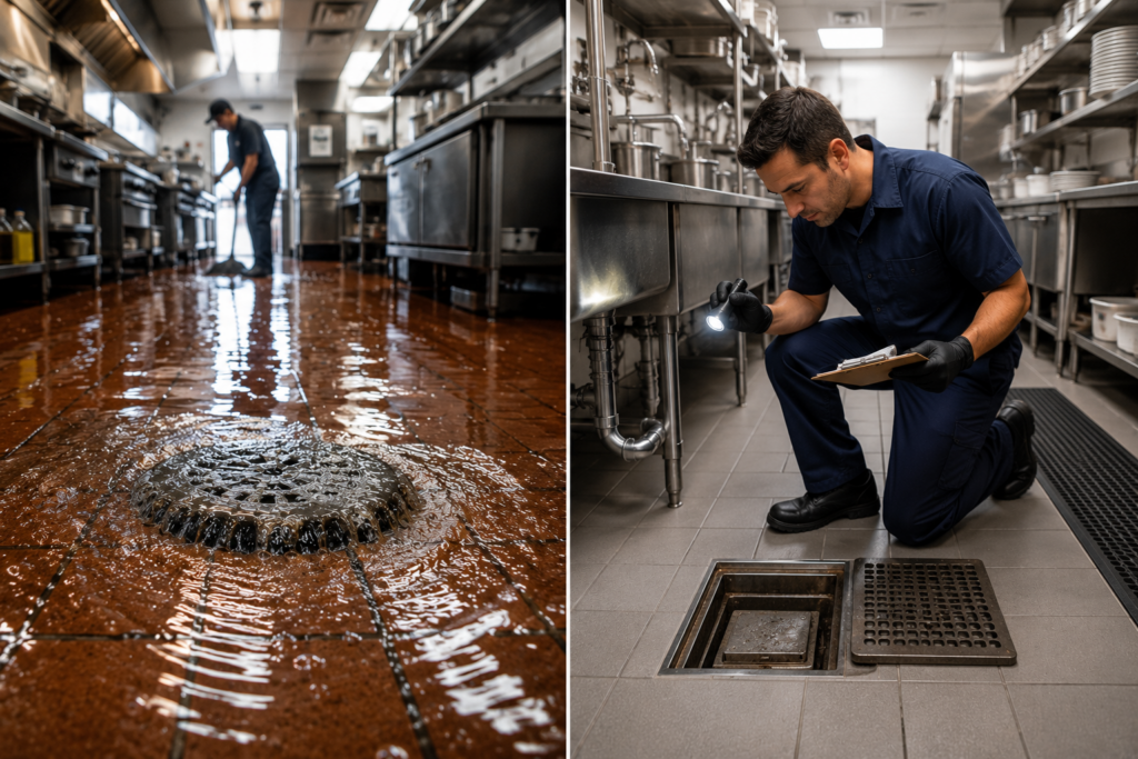 A split-screen graphic contrasting a flooded restaurant kitchen on one side with a calm, well-maintained kitchen and a plumber doing a routine check on the other.