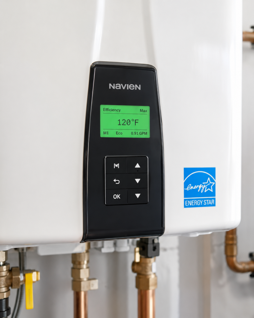 ▷☎️HomePro Plumbing: Best San Diego Plumbers (858) 251-7070 | Rinnai vs Navien: Which Tankless Water Heater Brand Wins for San Diego Homes? Close-up of a Navien NPE control panel displaying temperature and efficiency settings