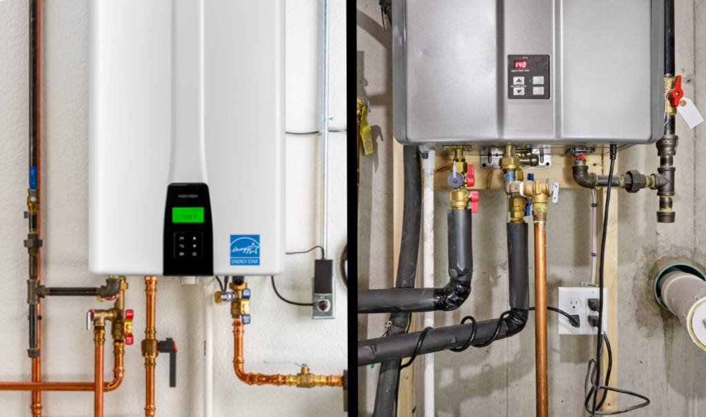 ▷☎️HomePro Plumbing: Best San Diego Plumbers (858) 251-7070 | Rinnai vs Navien: Which Tankless Water Heater Brand Wins for San Diego Homes? Side-by-side photo showing a wall-mounted Rinnai tankless unit and a Navien tankless unit installed in a San Diego garage