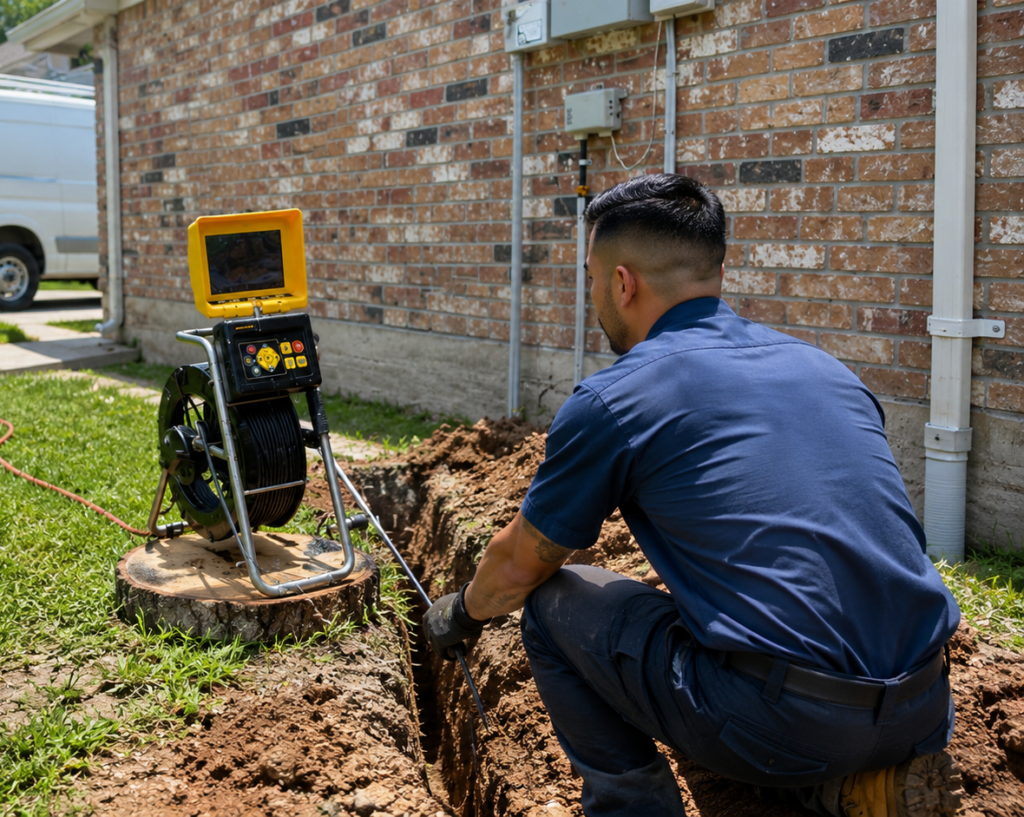 ▷☎️HomePro Plumbing: Best San Diego Plumbers (858) 251-7070 | Sewer Camera Inspection in San Diego A licensed plumber in San Diego using a video sewer camera to inspect a residential drain line