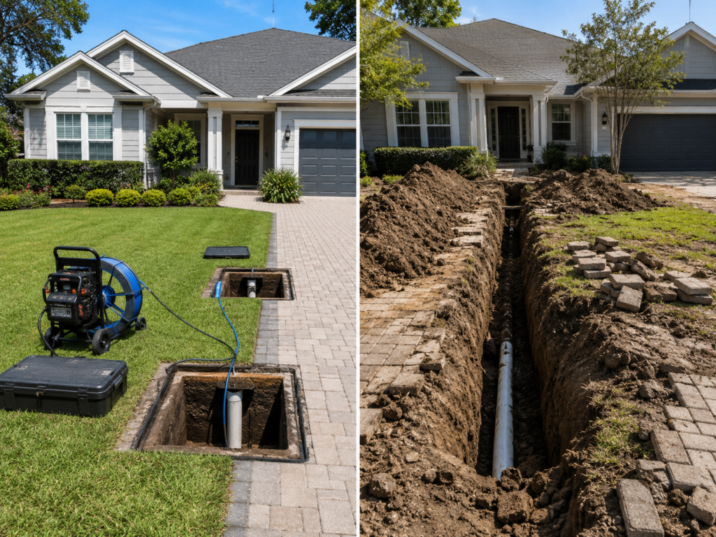 ▷☎️HomePro Plumbing: Best San Diego Plumbers (858) 251-7070 | Trenchless Sewer Repair vs Traditional Sewer Replacement: Save Your Yard or Save Your Wallet? Split image contrasting a tidy two-pit trenchless setup against a long open trench with displaced soil and removed pavers