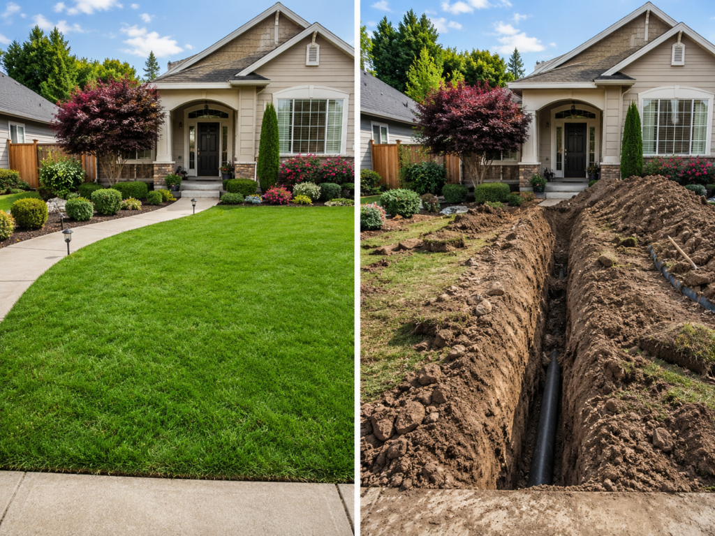 ▷☎️HomePro Plumbing: Best San Diego Plumbers (858) 251-7070 | Trenchless Sewer Repair vs Traditional Sewer Replacement: Save Your Yard or Save Your Wallet? Side-by-side comparison showing an undisturbed front lawn after trenchless repair versus an open trench across a yard during traditional sewer replacement