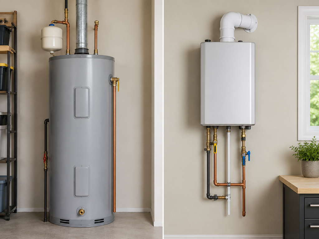 ▷☎️HomePro Plumbing: Best San Diego Plumbers (858) 251-7070 | Tankless Water Heater Installation in San Diego Side-by-side comparison of a traditional tank water heater and a compact wall-mounted tankless unit