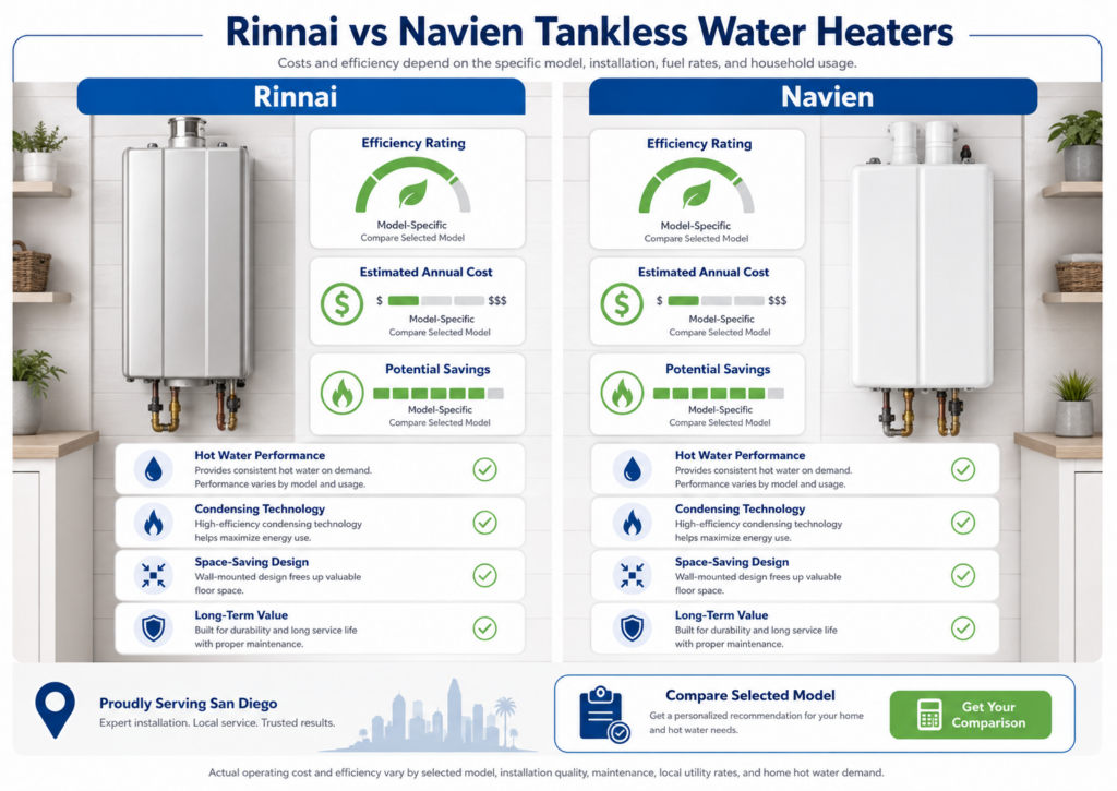Infographic comparing energy efficiency and annual operating costs of Rinnai vs Navien tankless heaters